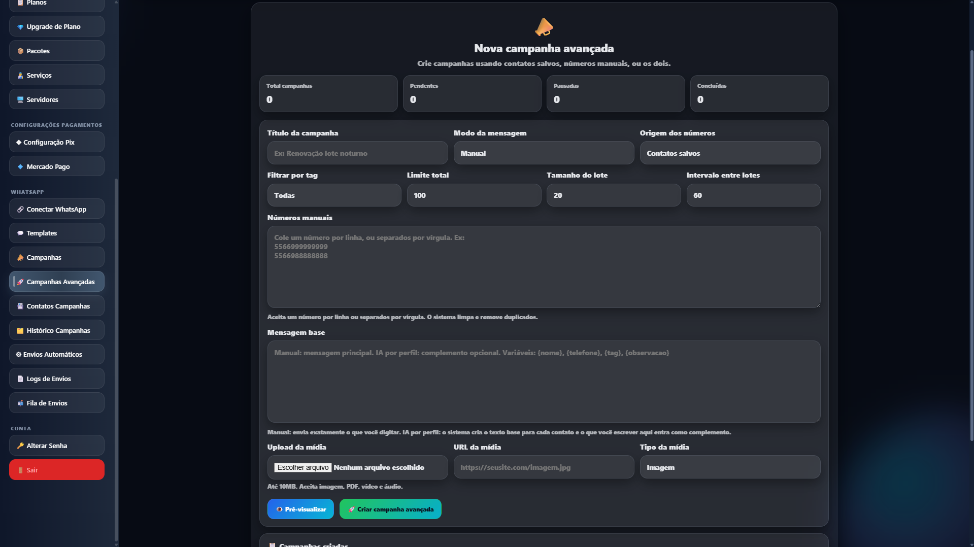 Tela de campanhas avançadas com números manuais, lote, intervalo e pré-visualização