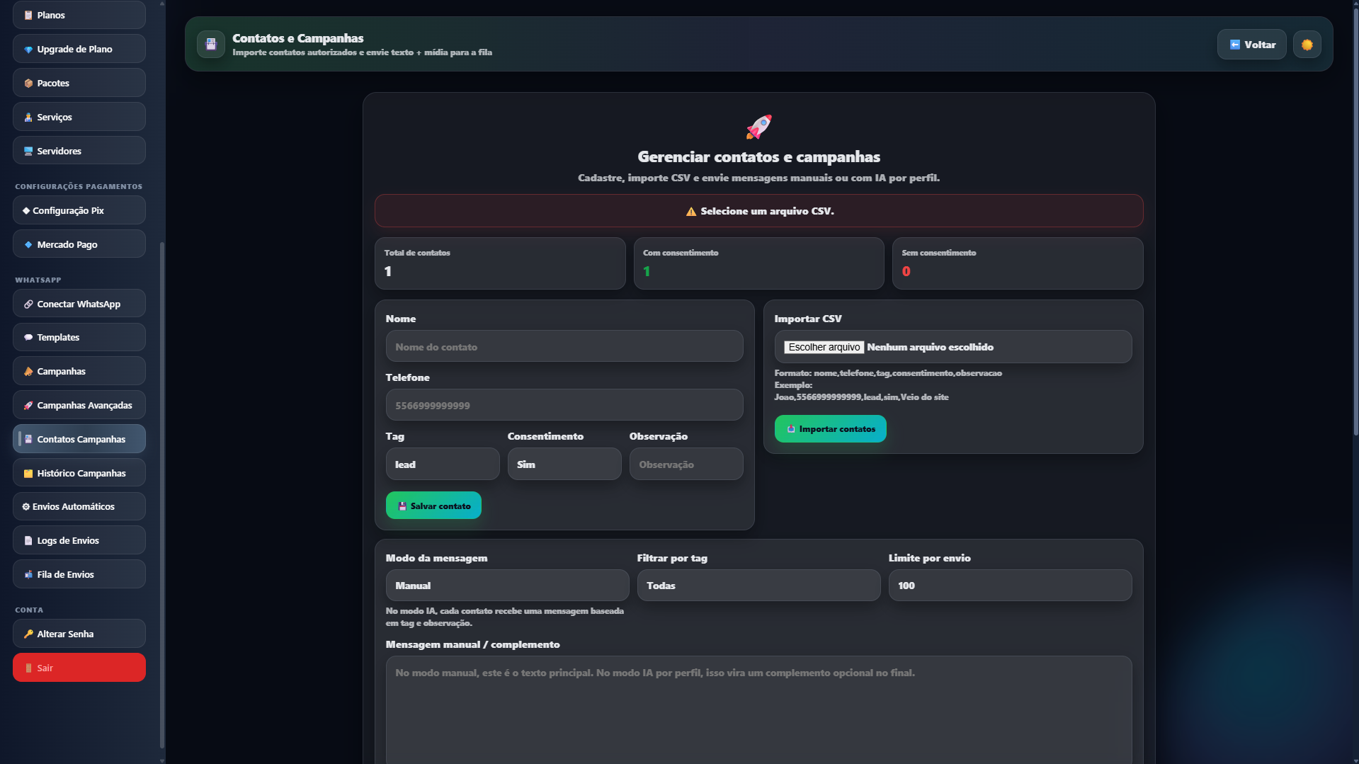 Tela de contatos e campanhas com cadastro manual, importação CSV e organização por tag
