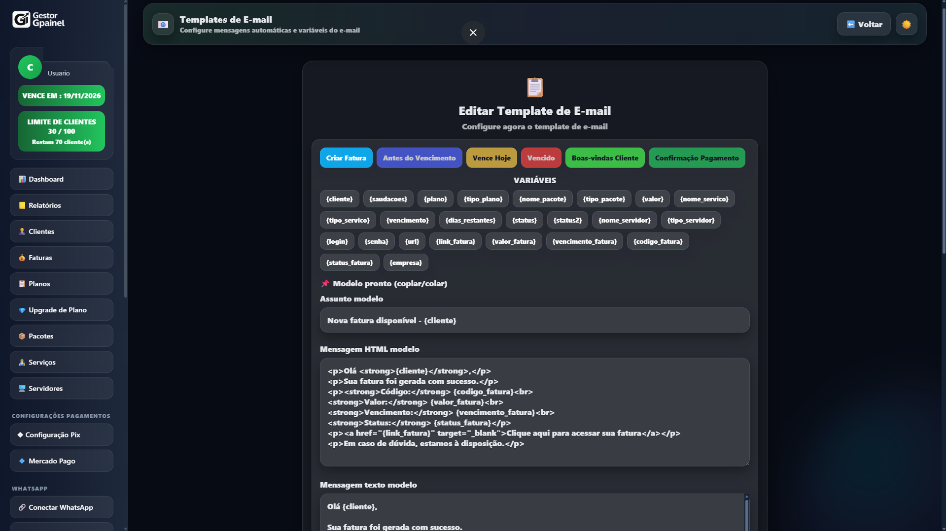 Tela de templates de e-mail com cobrança automática e variáveis editáveis