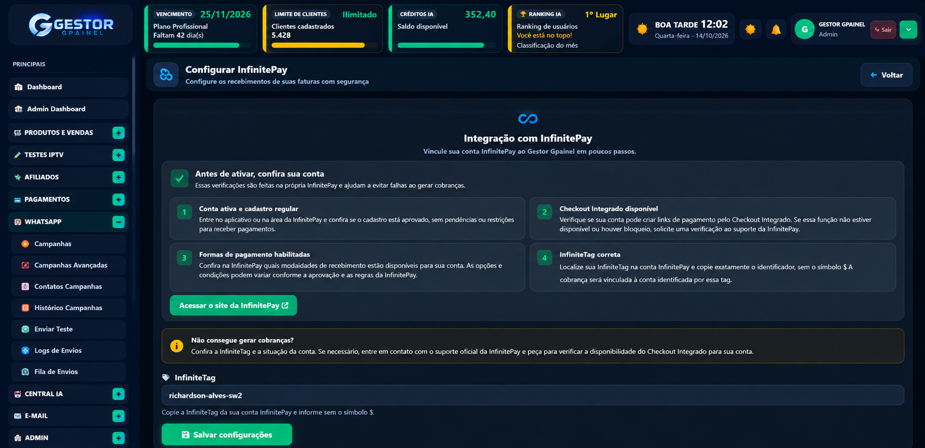 Integração com InfinitePay para pagamentos de faturas por PIX e cartão com confirmação automática