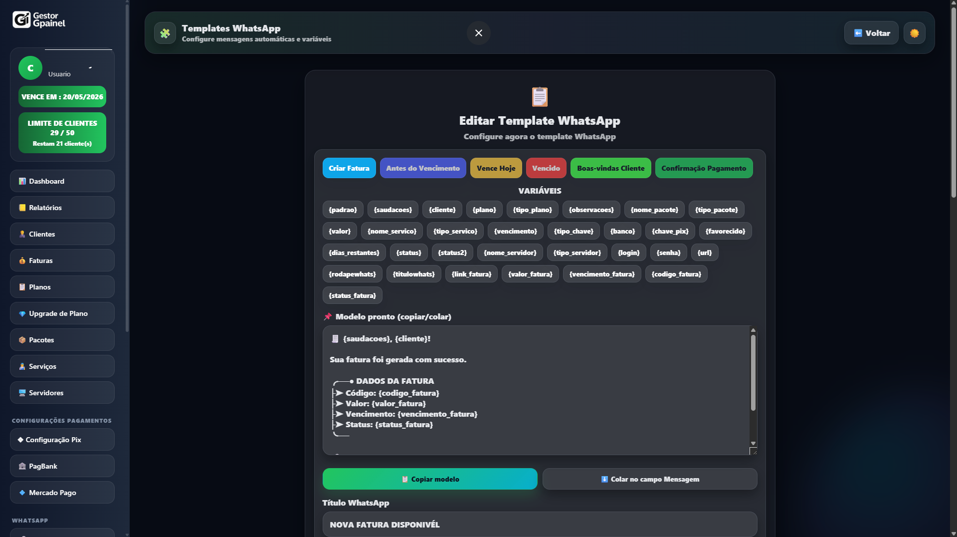 Tela de templates editáveis do sistema com mensagens automáticas personalizadas